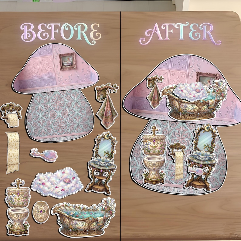 Before and after comparison of a DIY fairy-themed mushroom bathroom paper craft. Left side shows individual paper stickers: a floral bathtub, ornate toilet, vintage vanity mirror, and bath accessories. Right side shows the assembled 2D mushroom house interior with furniture placed on pastel tiled walls. Enchanted forest aesthetic, whimsical dollhouse decor, and magical kids' activity.