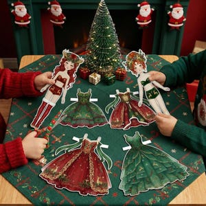 Festive Christmas paper doll collection on a wooden table. Features cozy sweaters, Santa hats, and holiday dresses. A pine cone and red ribbon decorate the scene. 500+ printable outfits and accessories pack for holiday journaling, kids' activities, and nostalgic Christmas gifts.