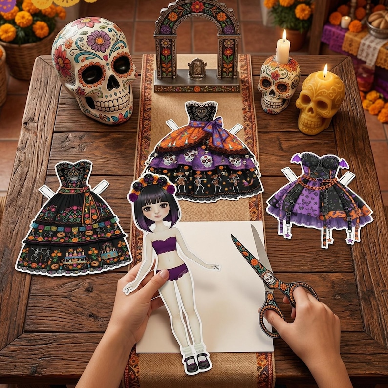 Day of the Dead (Día de Muertos) paper doll set. Includes colorful sugar skull inspired outfits and floral headpieces. Marigold petals and a candle prop on the desk. Part of a 120-page mega bundle with high-resolution, tested-fit outfits for professional-grade paper doll play.