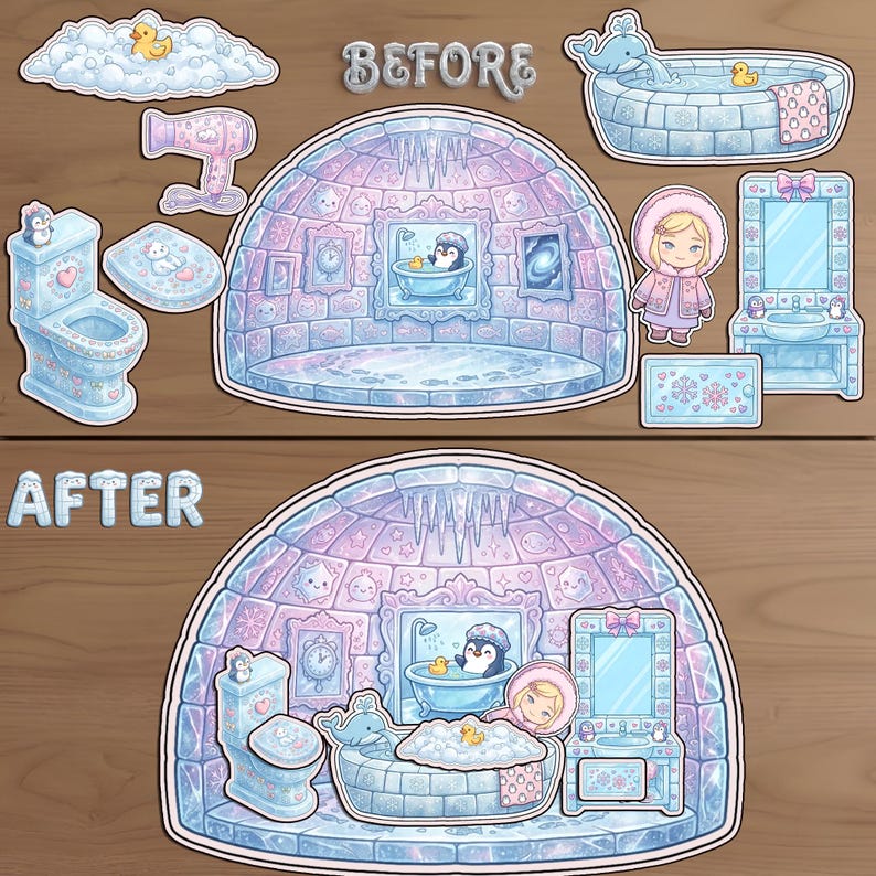 A side-by-side comparison of a cute printable DIY Eskimo igloo dollhouse bathroom play set. The top panel ('Before') shows the separate paper cut-outs (doll, tub, toilet, and other accessories). The bottom panel ('After') displays the fully assembled igloo with the miniature paper furniture set up inside, creating a complete winter-themed bathroom scene. Ideal for kids' arctic roleplay and creative paper crafts.