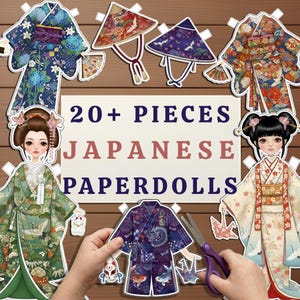 May include: A set of Japanese paper dolls with a variety of kimono designs, hats, and accessories. The image includes the text "20+ PIECES JAPANESE PAPERDOLLS". The dolls and clothing feature floral and crane patterns.