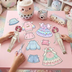 Flat lay of a Kawaii paper doll kit on a desk. Includes cute pastel outfits, 120+ unique dolls, and 500+ accessories. A pink stationery item and heart stickers decorate the scene. High-resolution A4 PDF printable for kids and teens who love Pinterest-style aesthetic paper doll DIY projects.