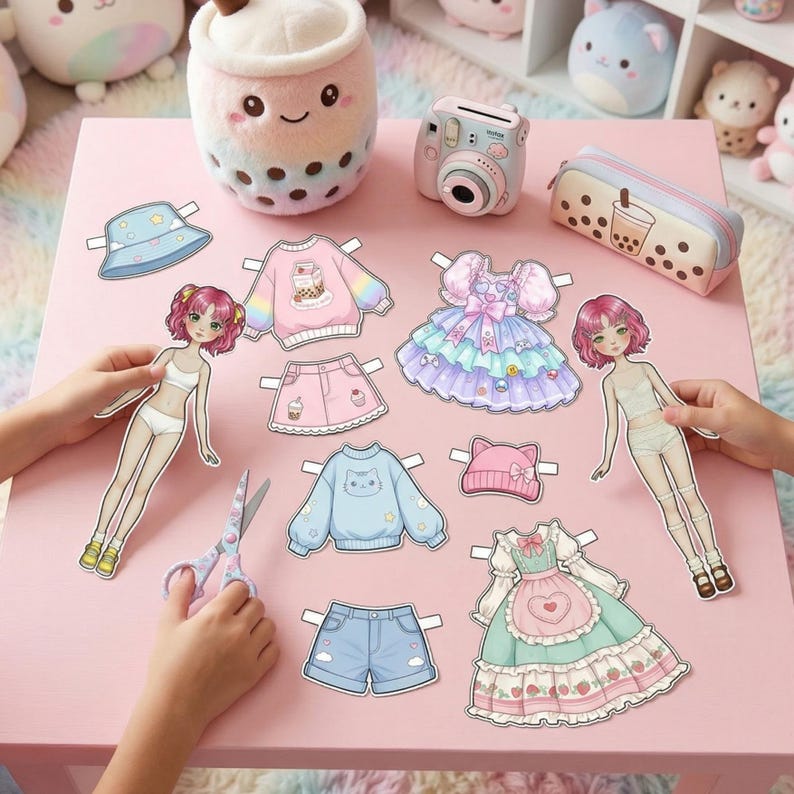 Flat lay of a Kawaii paper doll kit on a desk. Includes cute pastel outfits, 120+ unique dolls, and 500+ accessories. A pink stationery item and heart stickers decorate the scene. High-resolution A4 PDF printable for kids and teens who love Pinterest-style aesthetic paper doll DIY projects.