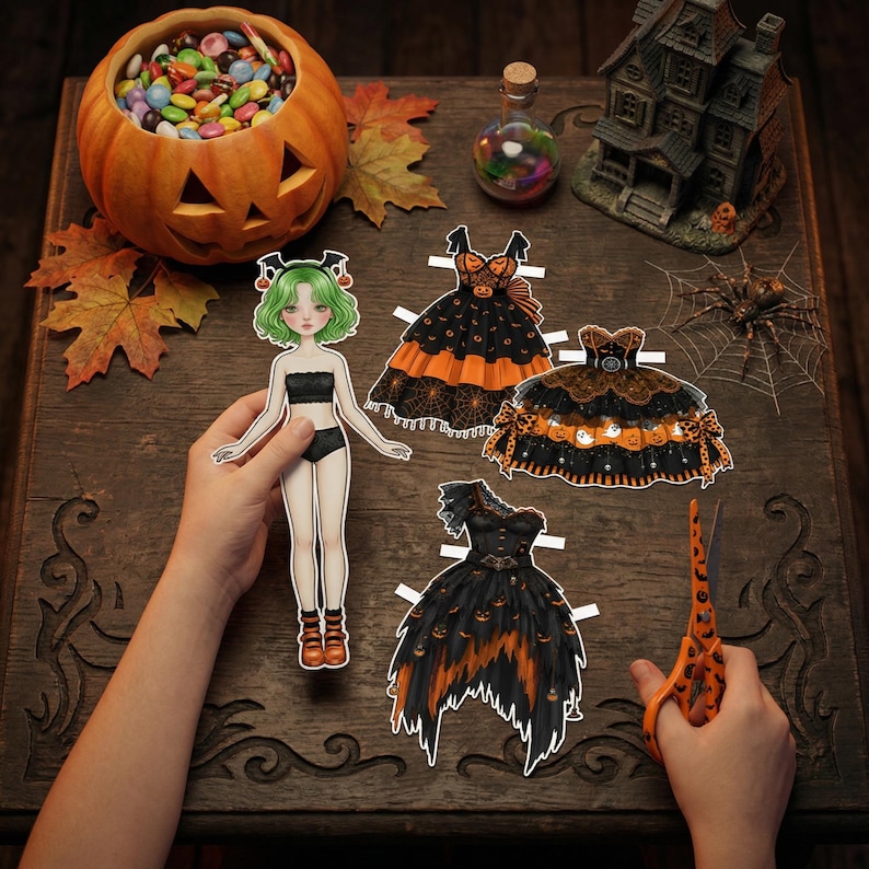 Mega bundle of 500+ printable paper doll sets featuring 120 unique styles, including spooky Halloween themes, seasonal outfits, and diverse characters. High-quality DIY paper craft collection for kids' activities, creative storytelling, and dress-up play. Professional digital illustrations with various fashion aesthetics, costumes, and accessories for endless mix-and-match fun.