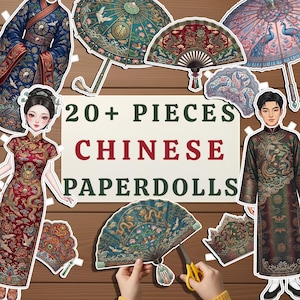 Puede incluir: Una colección de más de 20 muñecas de papel chinas, con ropa tradicional, abanicos y sombrillas. Las muñecas de papel incluyen figuras masculinas y femeninas con trajes coloridos y ornamentados. La imagen incluye el texto "20+ PIECES CHINESE PAPERDOLLS".