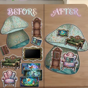 Before and after comparison of a DIY fairy-themed paper dollhouse project. Left side shows individual stickers including a mushroom house, ornate green sofa, pink armchair, bookshelf, and fairy tale book. Right side shows the assembled scene with furniture placed inside the mushroom. Whimsical, enchanted forest aesthetic with pastel colors and magical illustrations for kids' crafts.
