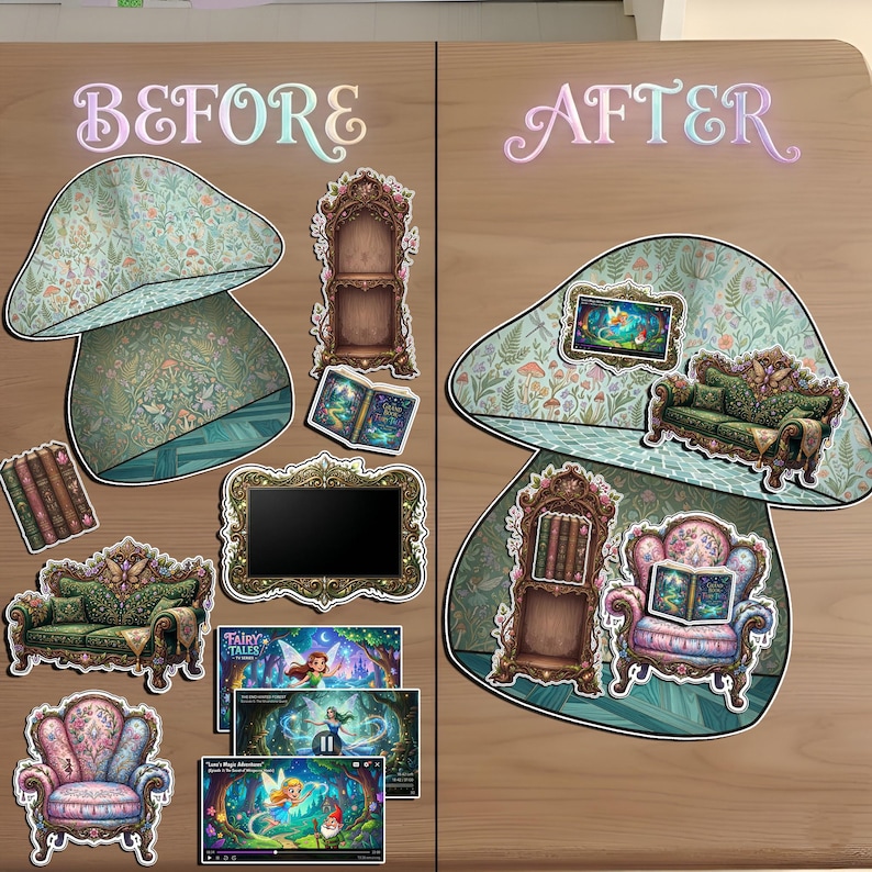 Before and after comparison of a DIY fairy-themed paper dollhouse project. Left side shows individual stickers including a mushroom house, ornate green sofa, pink armchair, bookshelf, and fairy tale book. Right side shows the assembled scene with furniture placed inside the mushroom. Whimsical, enchanted forest aesthetic with pastel colors and magical illustrations for kids' crafts.