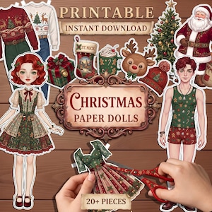 Christmas Paper Dolls, Printable Winter Dress Up, Holiday Season Craft, New Year Outfit DIY