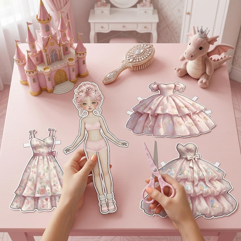 Printable paper doll in Pinky Princess style on a desk. Features a 16cm doll with royal pink gowns, tiaras, and cute accessories. Part of a 500+ piece aesthetic mega pack. Perfect for princess-themed crafts, journaling, and DIY paper toys. High-resolution Pinterest aesthetic paper craft.