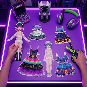 Gamer Girl aesthetic paper doll with gaming headset and neon-style outfits scattered on a desk. Features trendy streetwear and tech accessories. Part of a 500+ printable outfit collection. High-quality A4 PDF for DIY paper doll play, mood boards, and modern teen craft projects.