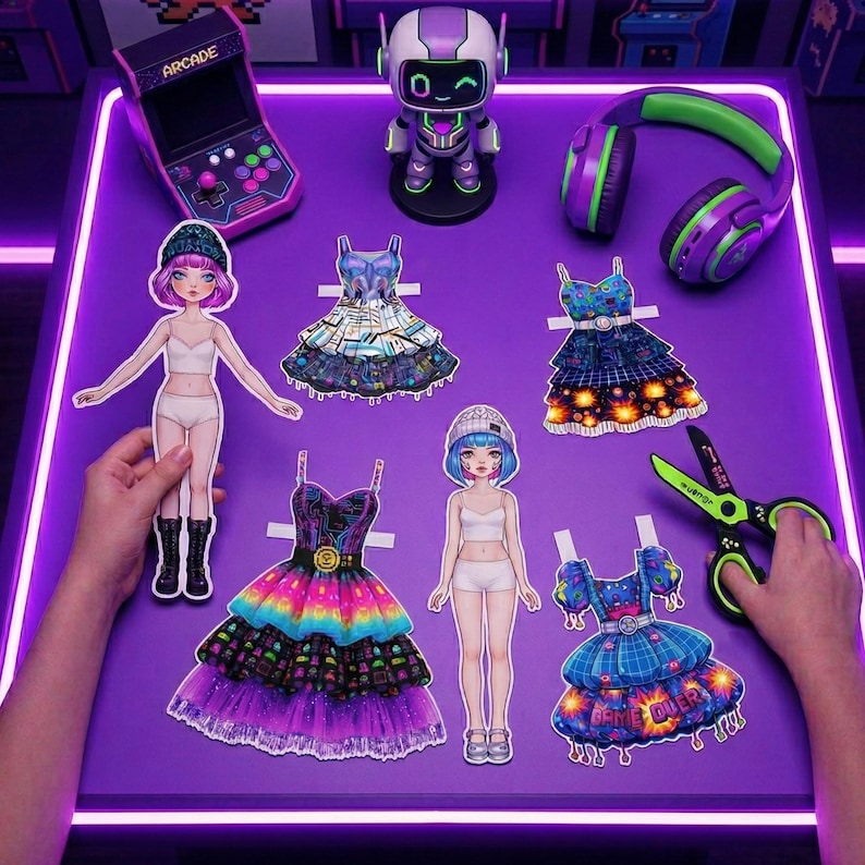 Gamer Girl aesthetic paper doll with gaming headset and neon-style outfits scattered on a desk. Features trendy streetwear and tech accessories. Part of a 500+ printable outfit collection. High-quality A4 PDF for DIY paper doll play, mood boards, and modern teen craft projects.
