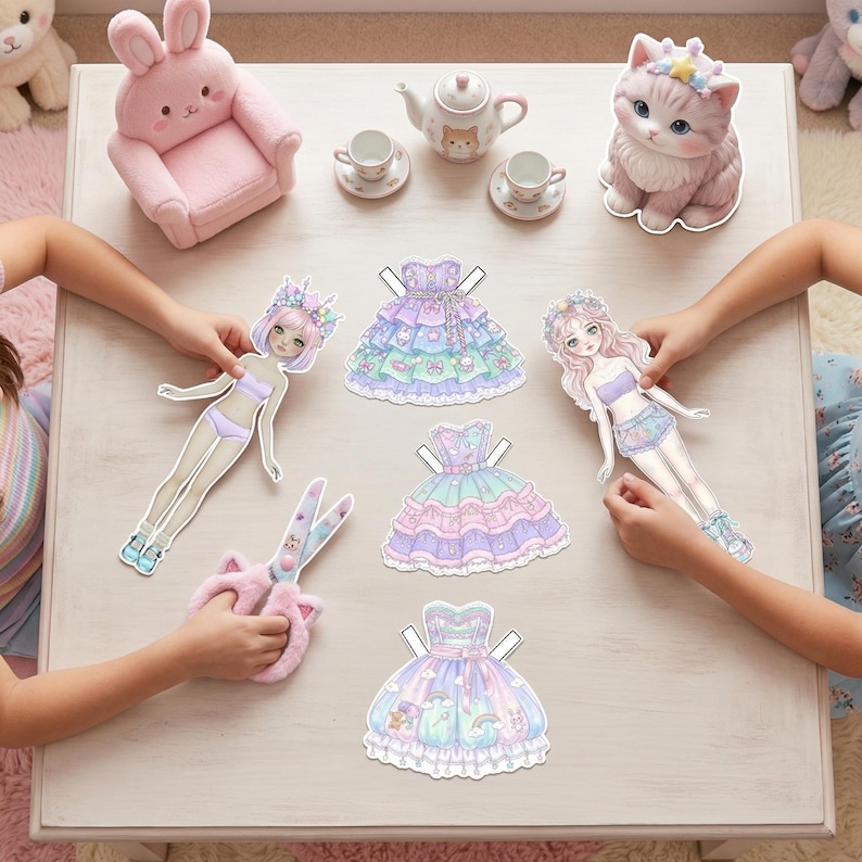 Soft Pastel Kawaii paper doll kit on a white table. Includes 4 colorful outfits, 120+ doll options, and cute accessories. Aesthetic washi tape and a pastel pen nearby. Pre-fitted clothing for easy print-and-cut play, perfect for anime fans and aesthetic Pinterest-style crafting.
