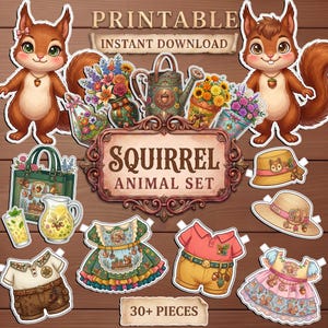Puede incluir: Un conjunto de muñecas de papel imprimibles con dos ardillas marrones, varios atuendos que incluyen vestidos y pantalones cortos, sombreros, arreglos florales, una regadera y una jarra. El letrero central dice SQUIRREL ANIMAL SET, 30+ PIECES.
