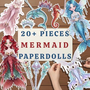 Pode incluir: Uma coleção de bonecas de papel de sereia e acessórios. O conjunto inclui figuras de sereias com cabelo vermelho, rosa e azul, juntamente com coroas, um cavalo-marinho, um golfinho e varinhas. O texto diz "20+ PIECES MERMAID PAPERDOLLS."