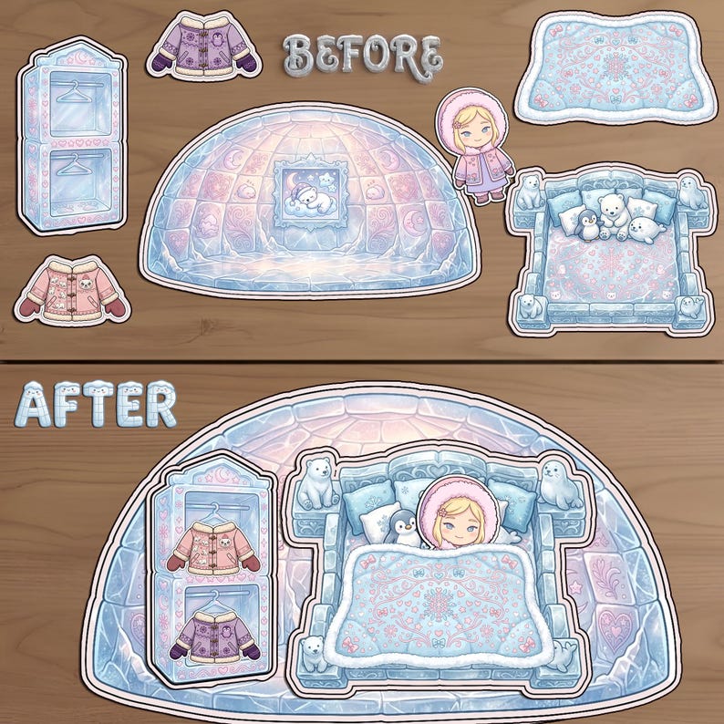 Before and after of a printable Eskimo igloo bedroom set. Includes a cozy ice bed, wardrobe, and winter outfits. Perfect for DIY paper dollhouse crafts, arctic roleplay, and Montessori busy books.