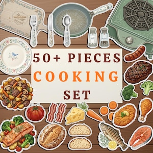 Può includere: Illustrazione di un set da cucina con una padella, un fornello, un piatto e vari alimenti come verdure, carne e pane. Il testo "50+ PIECES COOKING SET" è visualizzato su sfondo bianco.