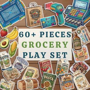 Pretend Play Grocery Store, Printable Supermarket Food Dramatic Roleplay Game, Fine Motor Skills Activity for Kids