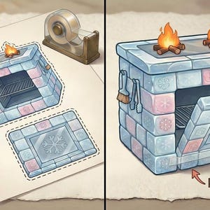 May include: A paper craft project featuring a printed illustration of an oven constructed from blue and pink ice blocks with snowflake patterns. The set includes a cut-out oven, a door with a snowflake design, scissors, tape, and instructions.