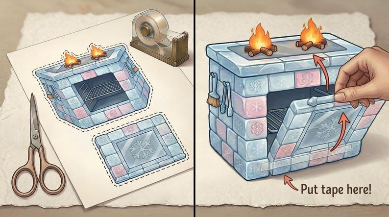 May include: A paper craft project featuring a printed illustration of an oven constructed from blue and pink ice blocks with snowflake patterns. The set includes a cut-out oven, a door with a snowflake design, scissors, tape, and instructions.