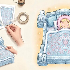 May include: A miniature bed craft kit featuring a light blue ice-themed frame with polar bear and seal accents. The set includes a printed paper template, clear adhesive tape, and a finished bed model with a sleeping character under a snowflake quilt.