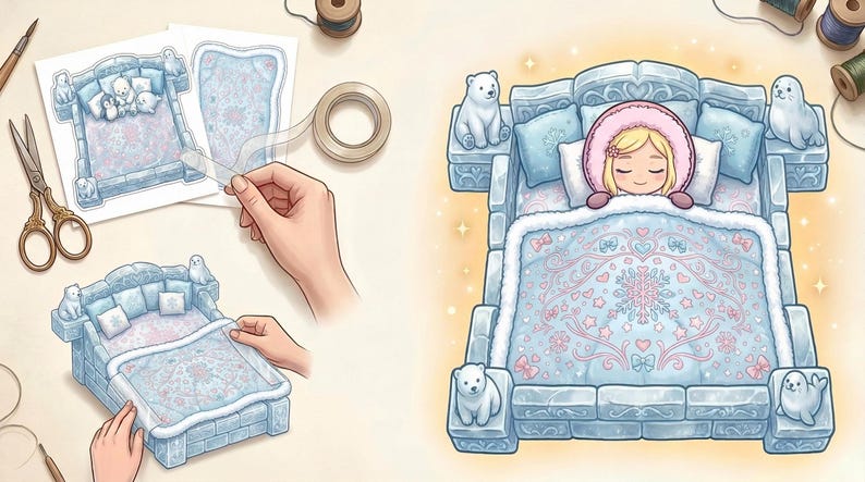 May include: A miniature bed craft kit featuring a light blue ice-themed frame with polar bear and seal accents. The set includes a printed paper template, clear adhesive tape, and a finished bed model with a sleeping character under a snowflake quilt.