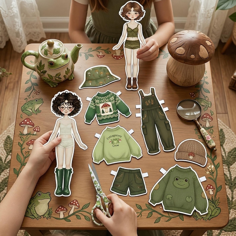 Frogcore aesthetic paper doll set spread on a workspace. Includes green cottagecore-style clothing, mushroom accessories, and a 16cm tall doll. Real dried leaves and a small ceramic frog on the table. Perfect for nature-inspired mood boards, creative play, and green-themed scrapbooks.