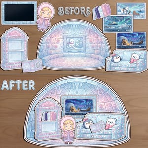 Before and after of a DIY printable Eskimo igloo living room. Features a library, ice sofa, and TV set for kids' paper dollhouse. Perfect for winter arctic roleplay and Montessori craft activities.