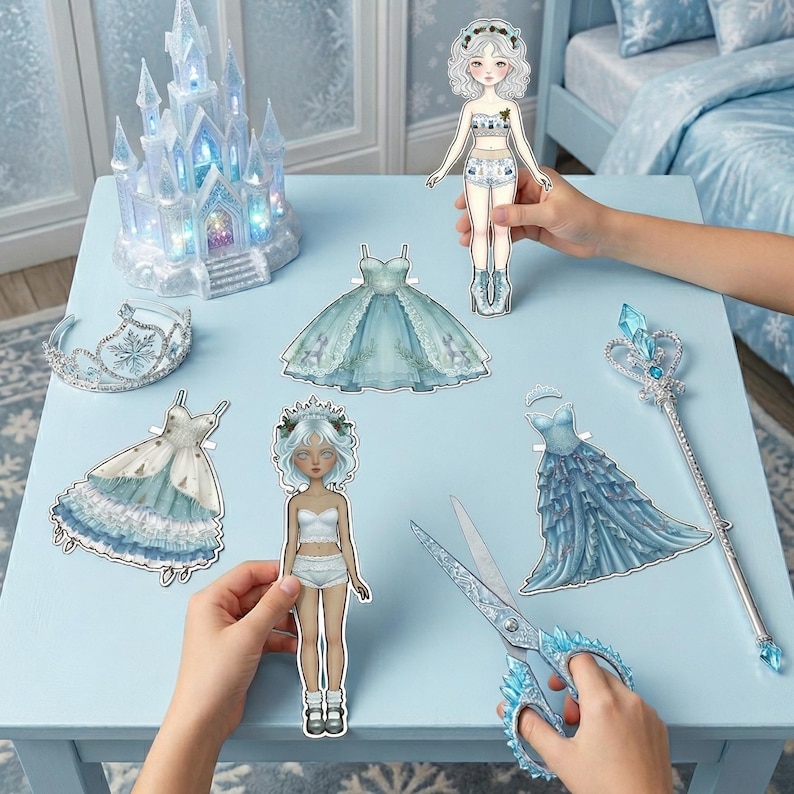 Winter-themed Snow Queen paper doll on a table. Includes icy blue gowns, fur-trimmed capes, and silver crown accessories. Decorative snowflakes and a crystal prop nearby. Instant digital download PDF for creative winter activities, DIY gifts, and high-resolution print-and-cut play.