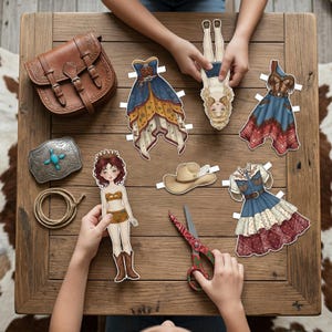 Western style Cowgirl paper doll set on a wooden table. Includes 16cm doll with denim outfits, cowboy boots, hats, and cactus decor. Modern Pinterest aesthetic printable from a 120-page bundle. Ideal for nostalgic play, scrapbooking, and creative western-themed paper crafts for kids.