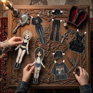 Edgy Rock Girl paper doll with electric guitar and grunge fashion pieces on a creative workspace. Includes leather jackets and cool boots. 16cm doll design from a massive printable bundle. Great for dark aesthetic crafts, journaling, and nostalgic DIY paper doll activities.