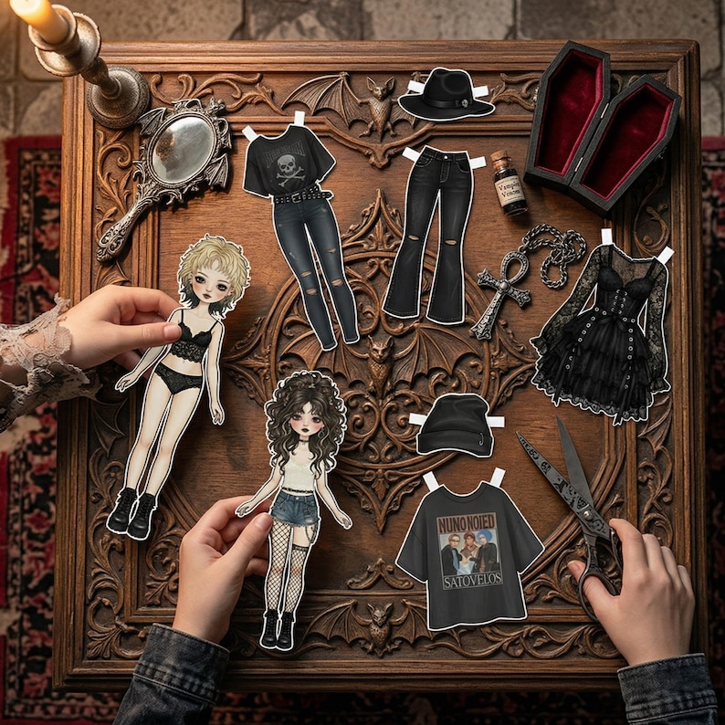Edgy Rock Girl paper doll with electric guitar and grunge fashion pieces on a creative workspace. Includes leather jackets and cool boots. 16cm doll design from a massive printable bundle. Great for dark aesthetic crafts, journaling, and nostalgic DIY paper doll activities.