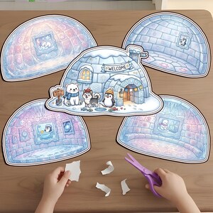 Child cutting out a DIY printable Eskimo igloo paper dollhouse with scissors. Features cute polar bear, husky, and penguin winter play set for kids' creative arctic craft activities and learning.