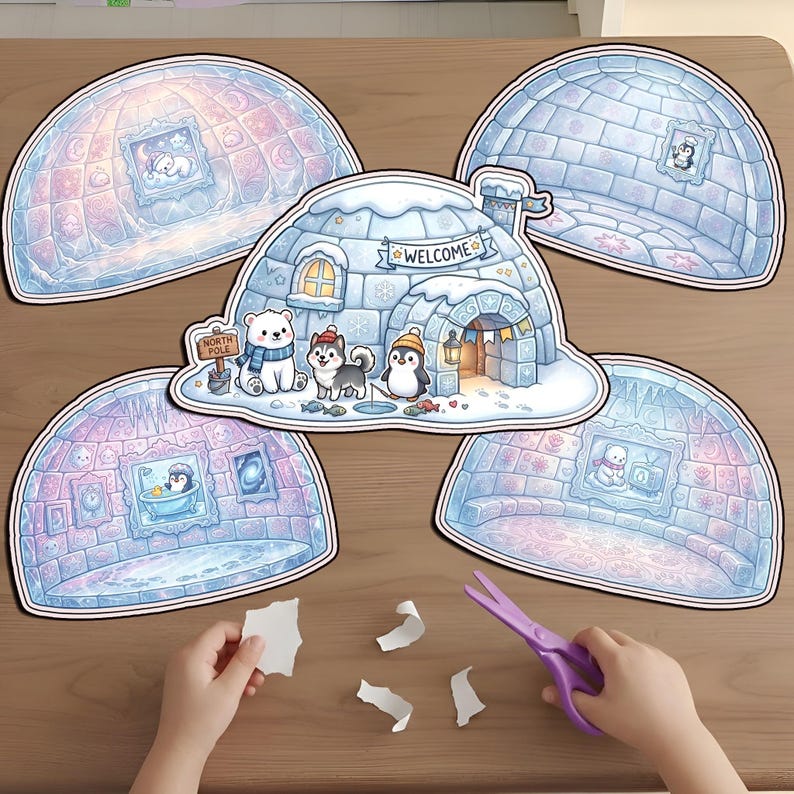 Child cutting out a DIY printable Eskimo igloo paper dollhouse with scissors. Features cute polar bear, husky, and penguin winter play set for kids' creative arctic craft activities and learning.