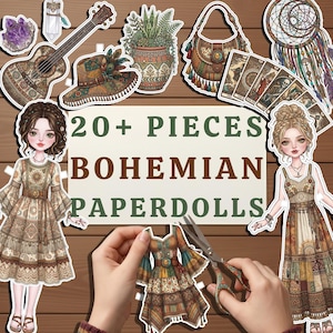 Pode incluir: Uma coleção de bonecas de papel e acessórios com tema boêmio, incluindo uma guitarra, chapéu, bolsa e apanhador de sonhos. A imagem apresenta o texto "20+ PIECES BOHEMIAN PAPERDOLLS". Um par de mãos está cortando um vestido de boneca de papel com tesouras.