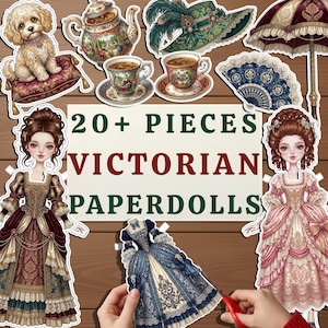 Puede incluir: Una colección de muñecas de papel y accesorios de temática victoriana, que incluye un perro, tazas de té, una tetera, un sombrero, un abanico y un paraguas. El texto de la imagen dice "20+ PIECES VICTORIAN PAPERDOLLS". Las muñecas visten elaborados vestidos.