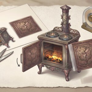 Instructional mockup for assembling a printable 3D fairy stove. A hand is shown using tape to attach a decorative oven door to a miniature vintage stove featuring intricate vine carvings and a glowing fire. The desk includes craft supplies like golden scissors and a tape dispenser. Ideal for fans of miniature paper dollhouse furniture and magical forest-themed DIY crafts.
