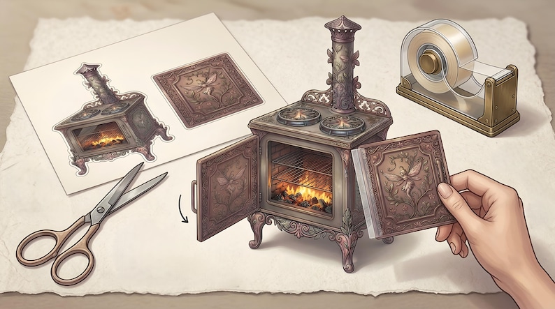 Instructional mockup for assembling a printable 3D fairy stove. A hand is shown using tape to attach a decorative oven door to a miniature vintage stove featuring intricate vine carvings and a glowing fire. The desk includes craft supplies like golden scissors and a tape dispenser. Ideal for fans of miniature paper dollhouse furniture and magical forest-themed DIY crafts.