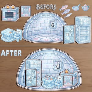 Before and after of a DIY printable Eskimo igloo paper dollhouse kitchen. Includes ice oven, fridge, and fish accessories. Perfect for winter-themed Montessori crafts and creative preschool activities.
