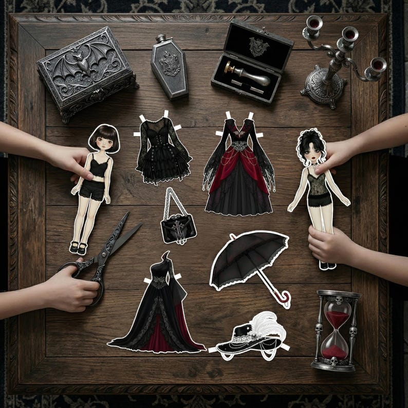 Dark Gothic and Vampire aesthetic paper doll set. Features black lace corsets, dark velvet dresses, and 16cm dolls. A faux rose and vintage key decorate the table. Part of a 500+ piece printable pack including Dark Academia and Gothic styles for alternative fashion mood boards.