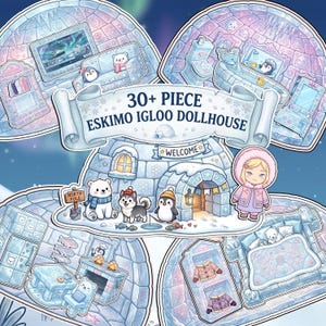Puede incluir: Un caprichoso juego de casa de muñecas iglú esquimal con más de 30 piezas. El juego incluye un iglú, muebles y figuritas de un oso polar, un husky y un pingüino. El texto en la pancarta dice "30+ Piece Eskimo Igloo Dollhouse".