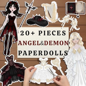 May include: A collection of paper dolls with an angel and demon theme. The set includes a doll in a black and red dress, a doll in a white dress, a harp, a book, and other accessories. The text on the image reads "20+ PIECES ANGEL & DEMON PAPERDOLLS."