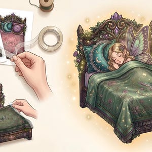 Step-by-step assembly guide for a printable fairy bed paper craft. Features hands using tape to construct a 3D miniature bed with a green butterfly quilt and crescent moon pillow. Includes a beautiful illustration of a sleeping fairy in the finished bed. Great for DIY dollhouse furniture tutorials and magical-themed paper craft instructions.