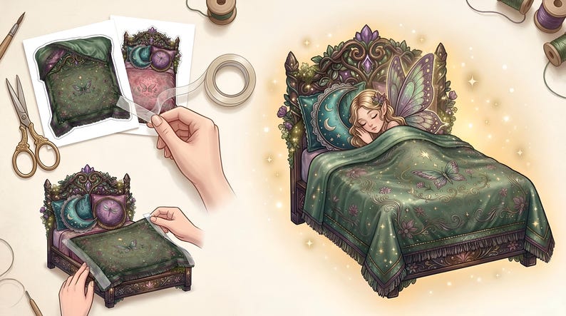 Step-by-step assembly guide for a printable fairy bed paper craft. Features hands using tape to construct a 3D miniature bed with a green butterfly quilt and crescent moon pillow. Includes a beautiful illustration of a sleeping fairy in the finished bed. Great for DIY dollhouse furniture tutorials and magical-themed paper craft instructions.