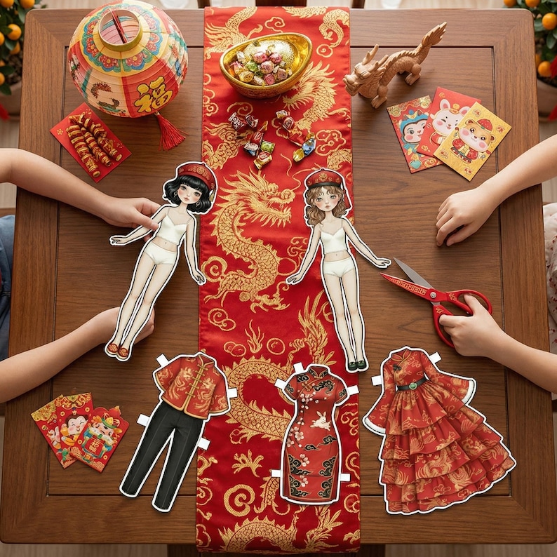 Lunar New Year paper doll set featuring traditional red and gold outfits, qipao dresses, and fan accessories. A red envelope and gold coin prop on the desk. High-quality A4 PDF printable dolls for cultural education, classroom activities, and festive paper craft projects.