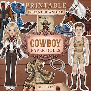 Poupées de papier Cowboy du Far West à imprimer, Activité Mix-Match de plus de 20 éléments, Tenues de déguisement, Téléchargement numérique