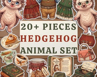 Printable Hedgehog Paper Dolls, Vintage Autumn Bookstore Dress Up, Cafe Pretend Play Kids Activity