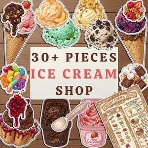 Op de afbeelding: Een verzameling kleurrijke ijsstickers en illustraties, waaronder kegels, bollen en bakjes. De tekst "30+ PIECES ICE CREAM SHOP" is prominent aanwezig. Verschillende smaken worden getoond, zoals chocolade, aardbei en munt.