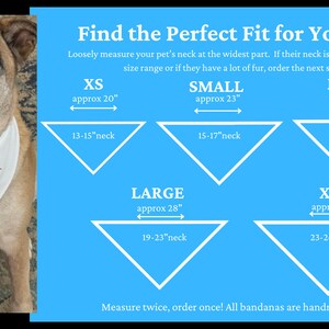 May include: A dog wearing a white bandana with a blue and red design that says "sip". The image includes a size chart for pet bandanas, with measurements in inches for XS, Small, Medium, Large, and XL sizes.