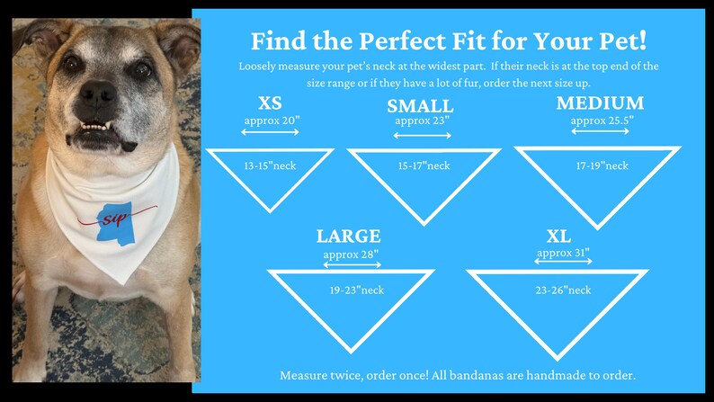 May include: A dog wearing a white bandana with a blue and red design that says "sip". The image includes a size chart for pet bandanas, with measurements in inches for XS, Small, Medium, Large, and XL sizes.