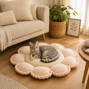 Crochet Flower Pet Mat Pattern PDF, Crochet Cat Bed Pattern, Flower Pet Bed Crochet Tutorial, Chenille Pet Cushion, Instant Download